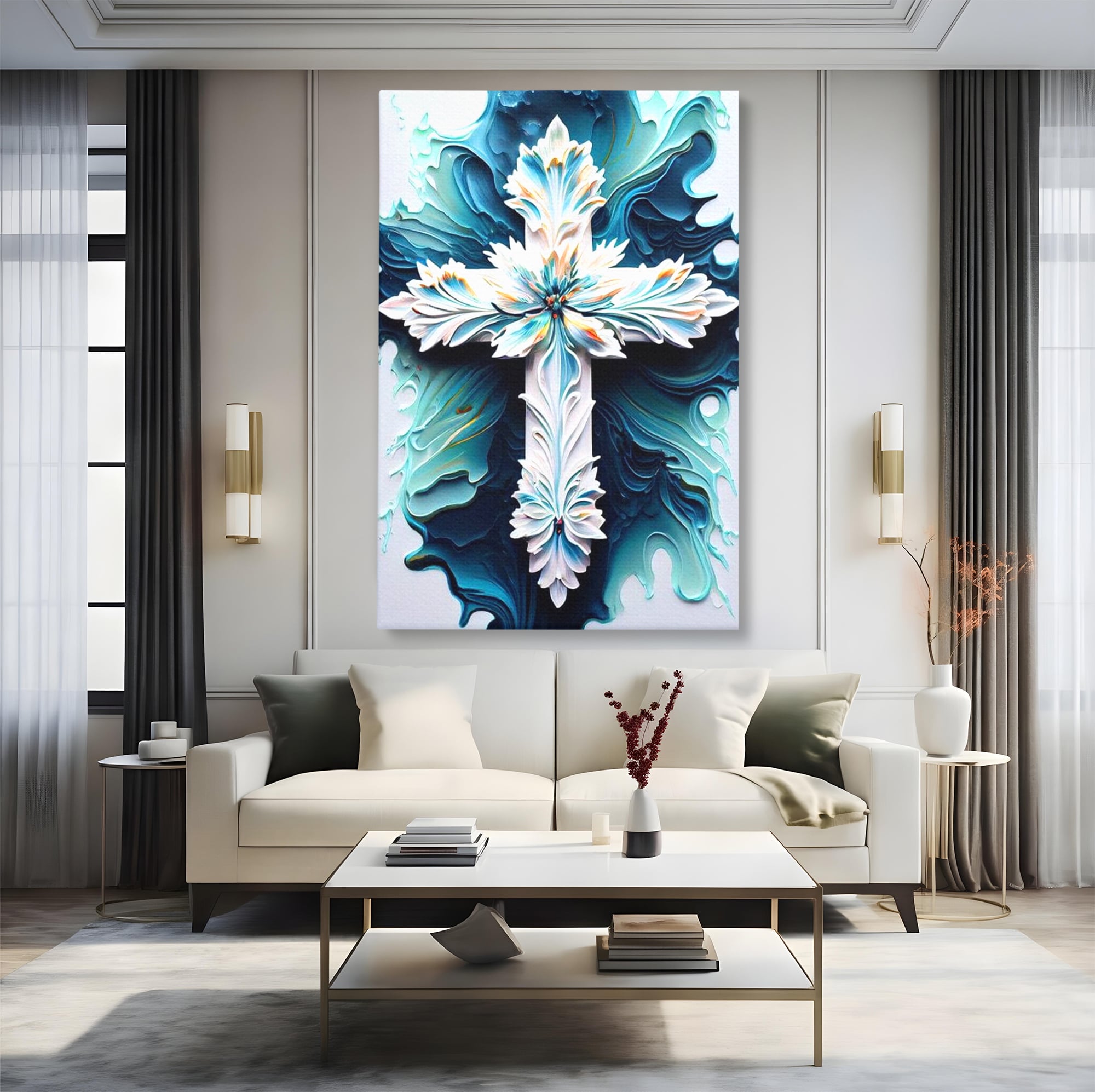 Tablou canvas cu tablou canvas cu o cruce florala, fara rama, pe sasiu de lemn, pe perete intr-un living